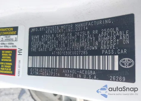 2014 Toyota Avalon Hybrid Xle Touring from USA, damaged, VIN 4T1BD1EB9EU027285